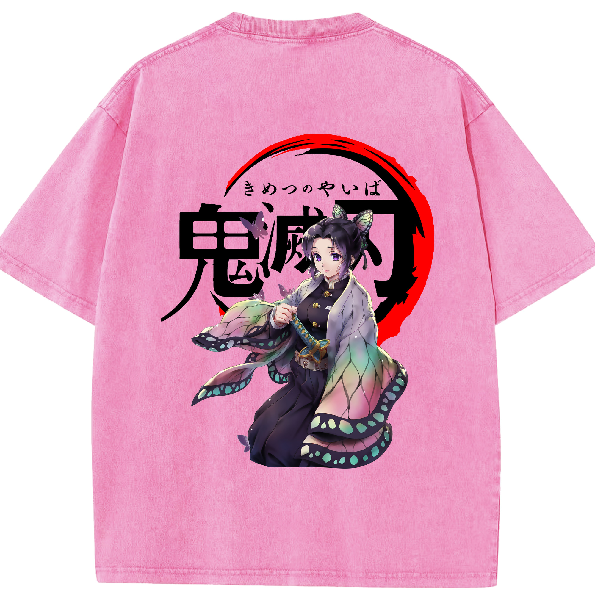 （画像用） 鬼滅の刃（きめつのやいば）蟲柱-胡蝶 しのぶ／こちょう しのぶ Kochou Shinobu 綿100% ヴィンテージ風 半袖Tシャツ（背面プリント）